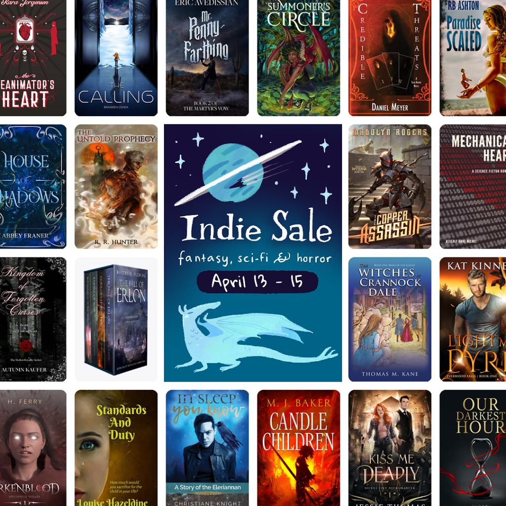 a grid of book covers. in the center is a dragon and a planet, and around them it says, Indie Sale fantasy, scifi, and horror. April 13-15th